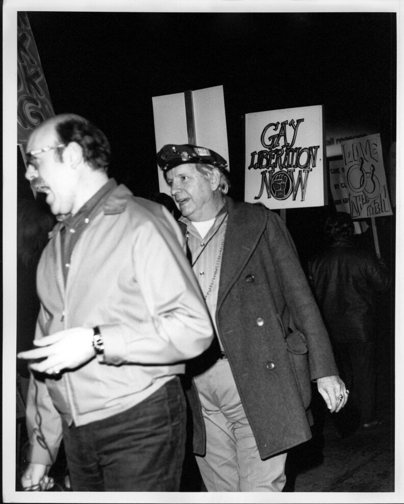 Morris Kight (center) leads a Gay Liberation Front (GLF) protest at Barney's Beanery regarding their posting of "Fagots [sic] Stay Out" signs. 1969.