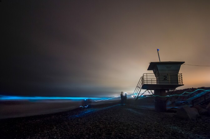 The waters off of San Diego glowing blue at night in May 2018. The lights are caused by rarely-occuring bioluminescent plankton tossed around by the waves.