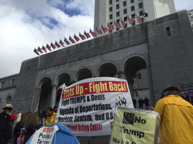 Anti-Donald Trump protesters demonstrate on Inauguration Day, Friday, Jan. 20, 2017.