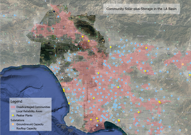 A map of L.A. County showing red-shaded areas with blue dots and yellow dots. 