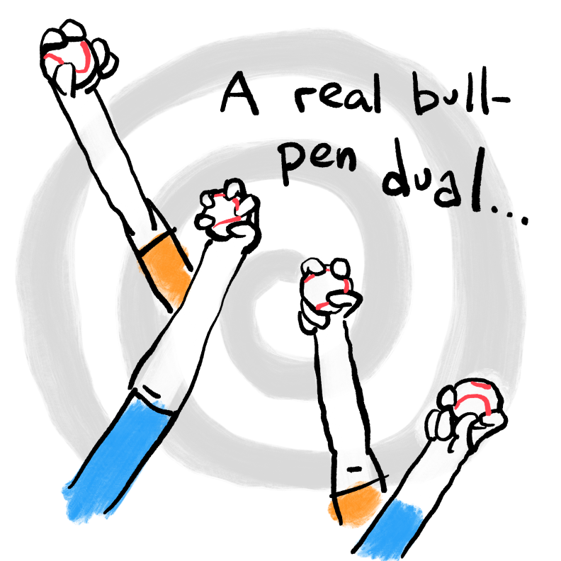 Images of four arms holding baseballs, with the text "A real bullpen dual..."