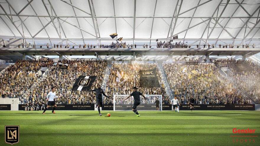 An architect's rendering of the Supporters Section of the new Banc of California Stadium, home of the Los Angeles Football Club.