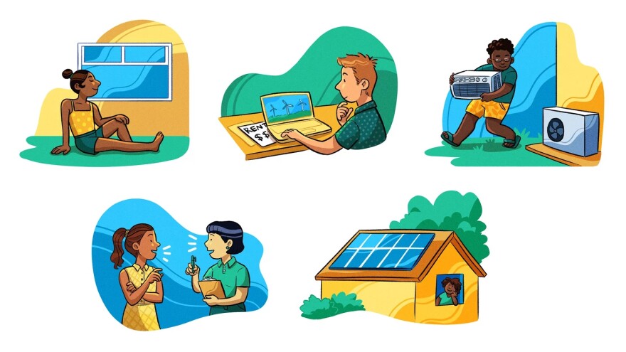A series of drawings showing a person in front of a window, another on a laptop, a third holding a window unit air conditioner, two people talking and a person inside of a yellow house with solar panels.