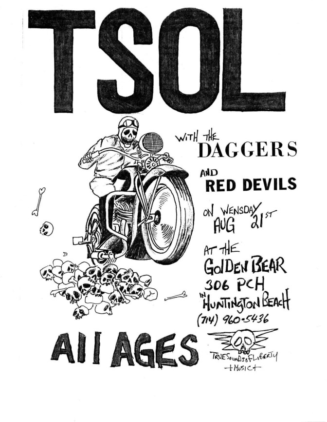 A punk flyer for a 1985 punk show at Huntington Beach's Golden Bear featuring T.S.O.L, The Daggers and Red Devils.