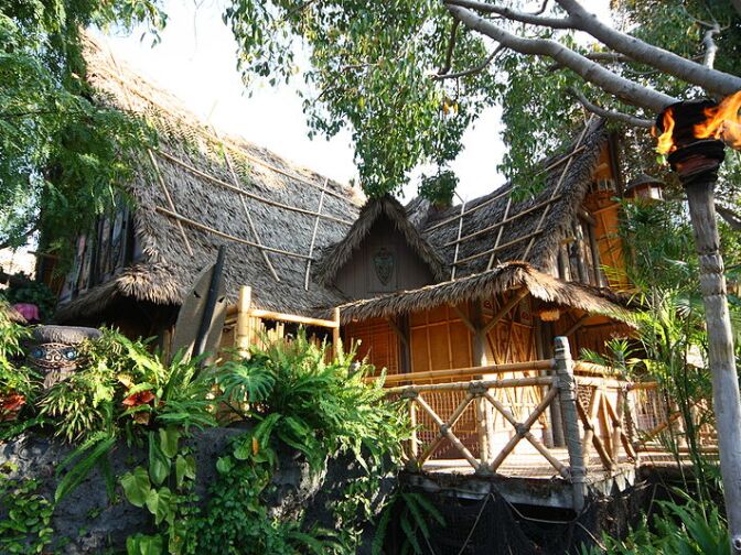 The exterior of Walt Disney's Enchanted Tiki Room at Disneyland Park.