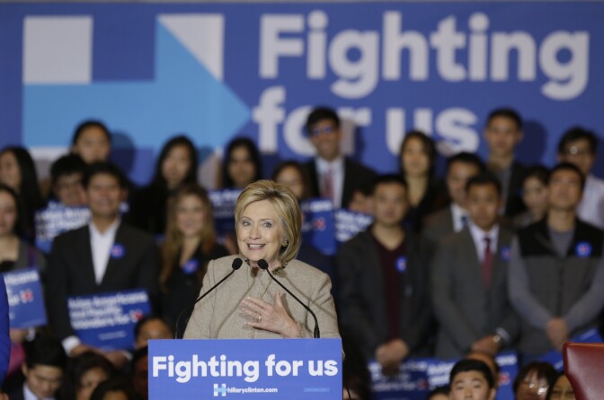 Democratic presidential candidate Hillary Clinton addresses Asian American and Pacific Islander supporters in San Gabriel, Calif., on Thursday, Jan. 7, 2016.  (AP Photo/Damian Dovarganes)