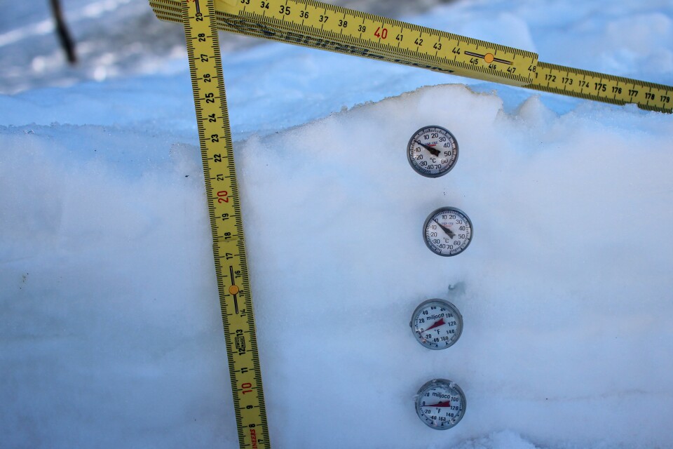 Temperature gauges often reveal different temperatures within a snowbank. The temperatures reflect the composition of the water within the bank.