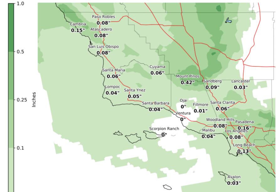 A map of Southern California shows light to dark shades of green indicating rain is likely across entire region