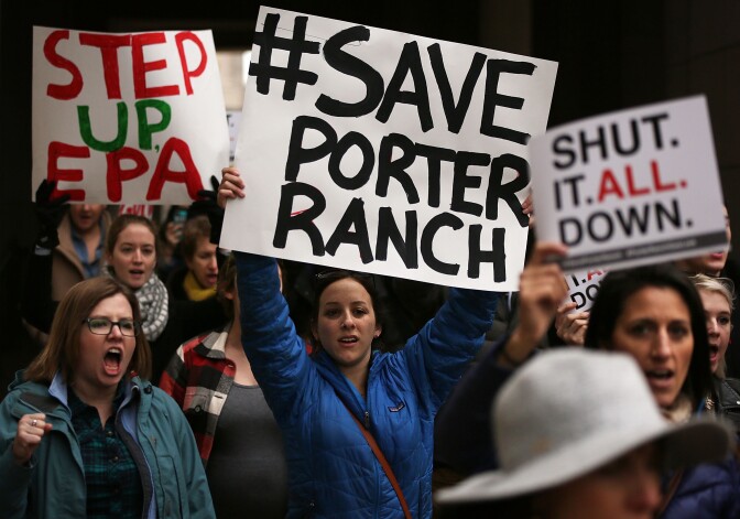 WASHINGTON, DC - JANUARY 15:  Activists stage a protest outside the Environmental Protection Agency January 15, 2016 in Washington, DC. Activists urged the EPA to shut down operations of Southern California Gas Company's Aliso Canyon storage facility, which has been leaking huge amount of methane, sickening residents in the neighboring Porter Ranch, California.  (Photo by Alex Wong/Getty Images)