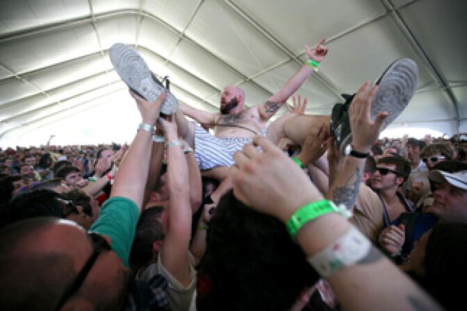 Singer Damian Abraham, center, from the band Fxxxxxx Up performs during day three of the Coachella Valley Music & Arts Festival 2009 held at the Empire Polo Club on April 19, 2009 in Indio, California.