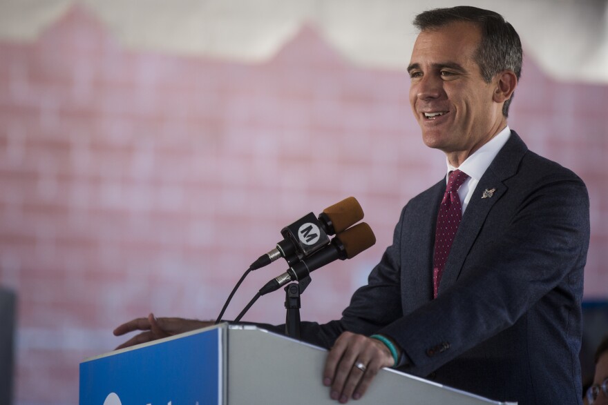 Mayor Eric Garcetti speaks during the naming ceremony in Little Tokyo on Wednesday morning, Oct. 29, 2016 for the tunnel boring machine that will dig the Regional Connector Transit Project.