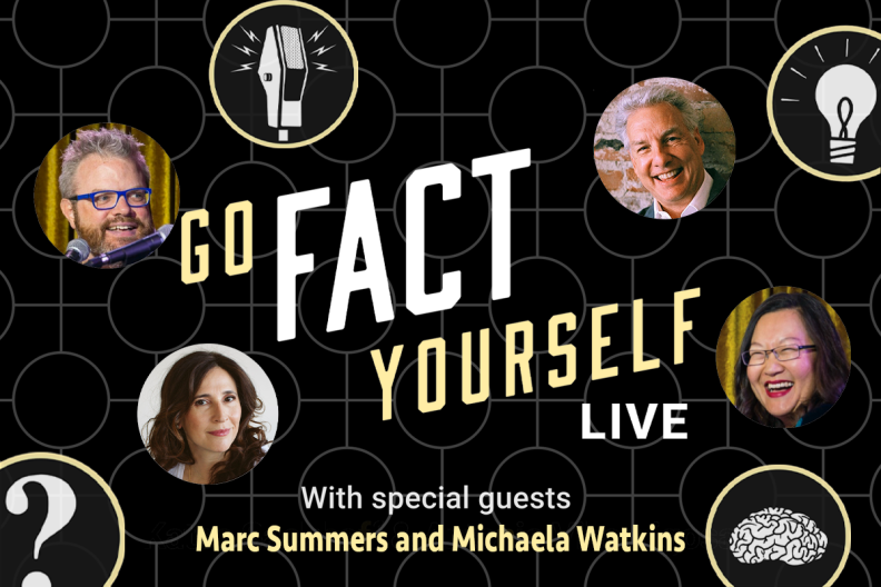 A promotional graphic with faint circles and a line pattern on a black background with circle icons that show a question mark, a brain icon, a microphone, and a lightbulb. The overlaying text reads, "Go Fact Yourself LIVE with special guests Marc Summers and Michaela Watkins". In 4 circles are headshots of each of the two hosts, J. Keith Straaten a white male and Helen Hong a medium skin tone female, and the two guests, Michaela Watkins a white female and Marc Summers, a white male.