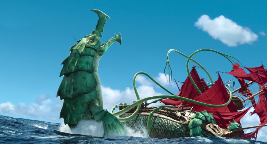 THE SEA BEAST Brickleback lunging out of the ocean with its tentacles wrapping around the ship "the inevitable" as the ship begins turning over on its side.