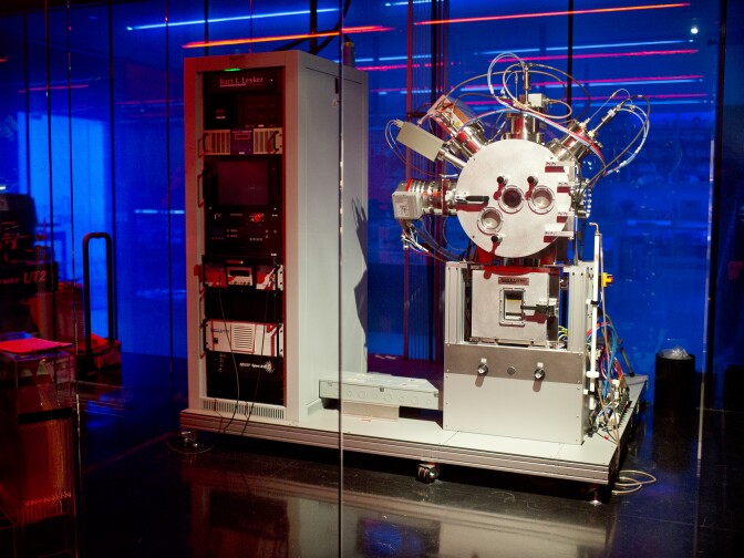 A vacuum is on display inside the optics lab at WET, a water fountain and water feature design company based in Sun Valley, Calif.