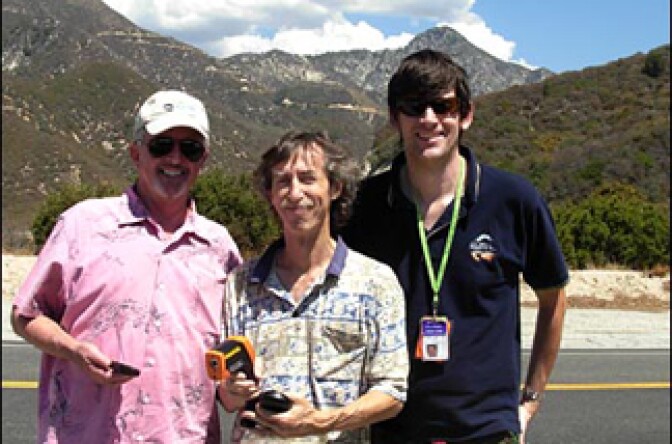 Near the end of their Off-Ramp TemperaTour, JPL climatologist Bill Patzert, Cal State LA meteorologist Steve LaDochy, and KPCC's John Rabe (L-R) discover it's just as hot up on the Angeles Crest, as evidenced by the big cumulus clouds.
