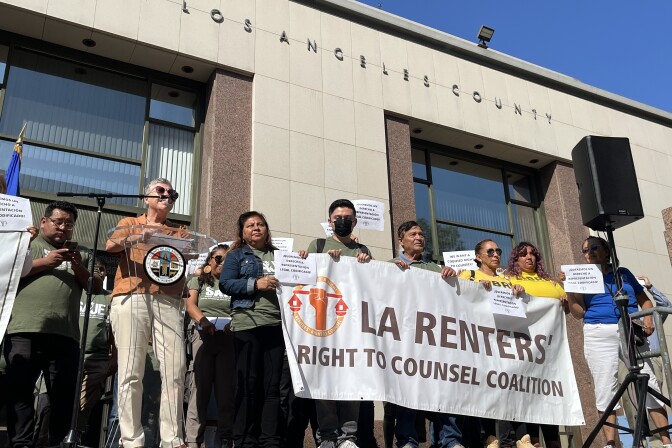 Tenants gather at rally ahead of an L.A. County Board of Supervisors vote on providing free attorneys to renters facing eviction.