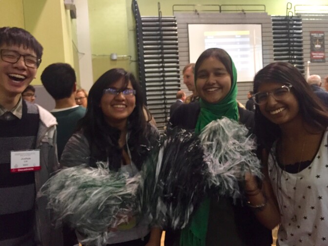 Students from the Granada Hills Charter High School team celebrate after getting a perfect score in the Super Quiz portion of the Los Angeles Unified School District's Academic Decathlon on Feb. 6, 2016.