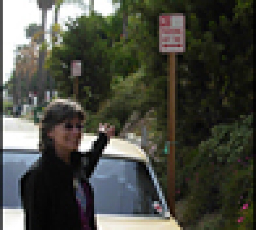Oops. Somebody uprooted this illegally placed "No Parking" sign on PCH. Note the SKU label on the bottom, commonly found on stuff sold at Home Depot.