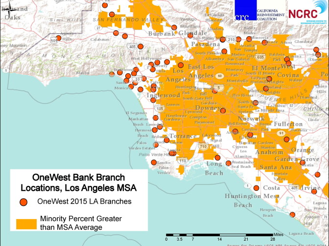 A map created by housing advocates purports to show OneWest Bank locations in relation to minority communities in the greater Los Angeles area.