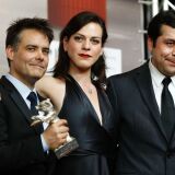 (L-R) Chilean director Sebastian Lelio, Colombian actress Daniela Vega and screenwriter Gonzalo Maza pose during a press conference after being awarded with the Silver bear for best screenplay for their movie "A Fantastic Woman (Una mujer fantástica) during the Award Ceremony of the 67th Berlinale film festival in Berlin on February 18, 2017. / AFP / Odd ANDERSEN        (Photo credit should read ODD ANDERSEN/AFP/Getty Images)
