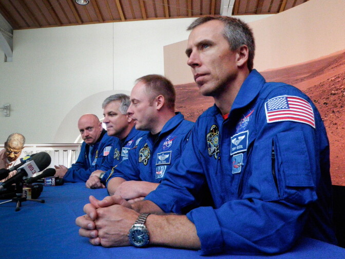 Astronauts (from right to left) Drew Feustel, Mike Fincke, Greg Johnson and Commander Mark Kelly speak about their journey on the Space Shuttle Endeavour at the California Science Center on Tuesday.