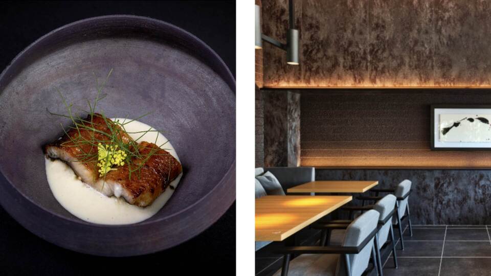 A collage of side-by-side photos: On the left, a delicate piece of fish is set off by a creamy sauce and delicate, dill-like strands of geenery on top. The meal is served in striking gray earthenware. On the right is a look inside the dark, sleek, minimalistic interior of the restaurant where there is a single piece of art visible on the wall.  