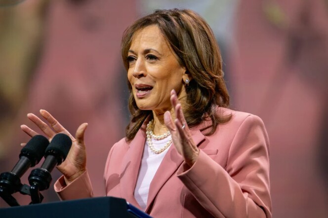 A woman with dark-tone skin wears a pink suit speaking at a lectern.