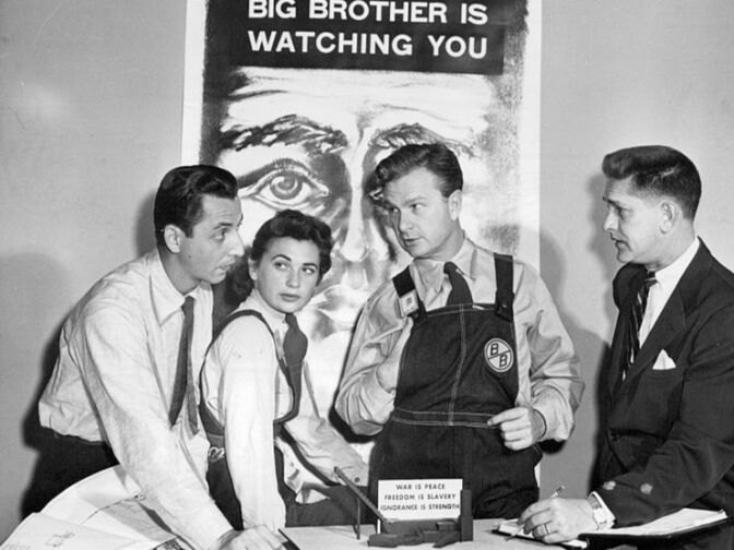 Norma Crane and Eddie Albert, stars of "1984," on the set of the CBS anthology television series Studio One. 