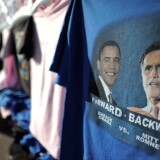 T-shirts with pictures of US President Barack Obama and republican presidential candidate Mitt Romney at a roadside stall in Denver, Colorado, on October 2, 2012.