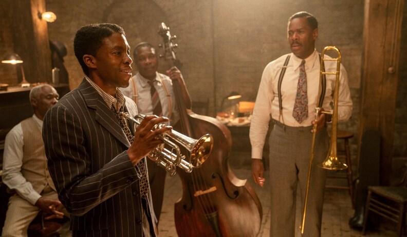 Glynn Turman as Toldeo, Chadwick Boseman as Levee, Michael Potts as Slow Drag, and Colman Domingo as Cutler in "Ma Rainey's Black Bottom."