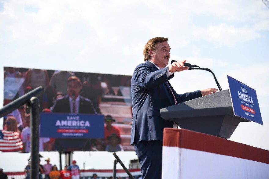 Mike Lindell, founder and CEO of My Pillow, Inc speaks at a "Save America" rally.