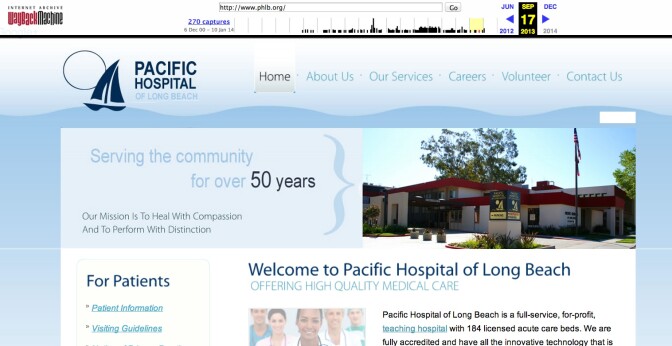 A screencap of the former website for the now-defunct Pacific Hospital, as preserved on the Wayback Machine web archive site. The Pacific Hospital site is now offline.