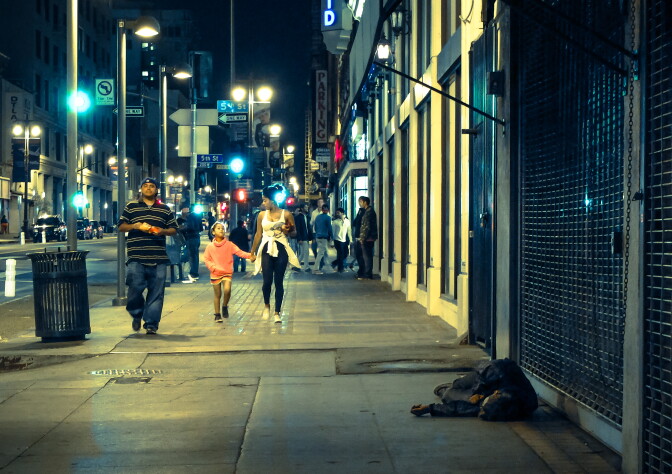 Pedestrians in Downtown Los Angles on June 12, 2014. 