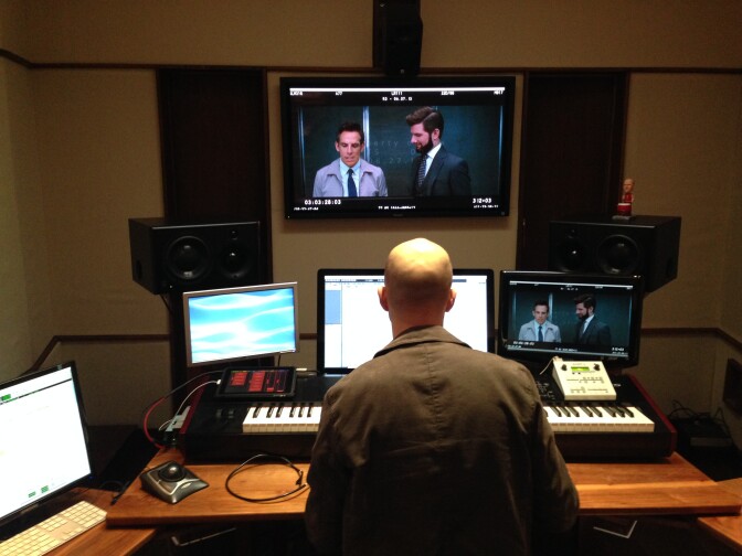 Music composer Theodore Shapiro hard at work synching up his score to a rough draft of the film "The Secret Life of Walter Mitty."
