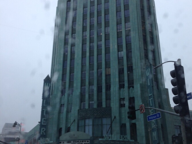 The Wiltern Theater on Wilshire Boulevard seen in the rain Friday morning, Dec. 16, 2016.