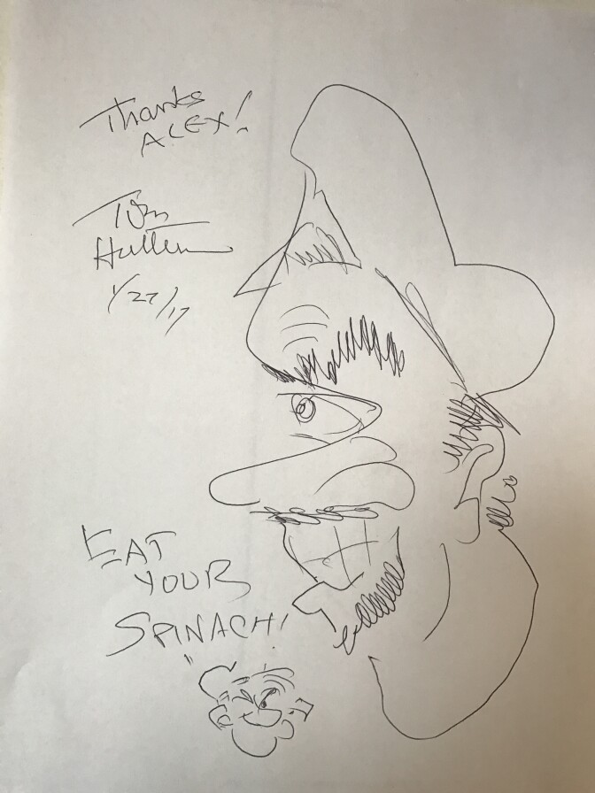 Tom Hatten drew Popeye out of Alex Cohen's squiggle, much like how he used to do with children when he hosted the Popeye show.