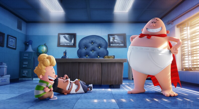 (L-R) Harold (voiced by Thomas Middleditch) and George (voiced by Kevin Hart) crack up at the sight Captain Underpants (voiced by Ed Helms) in DreamWorks Animation's "Captain Underpants: The First Epic Movie."