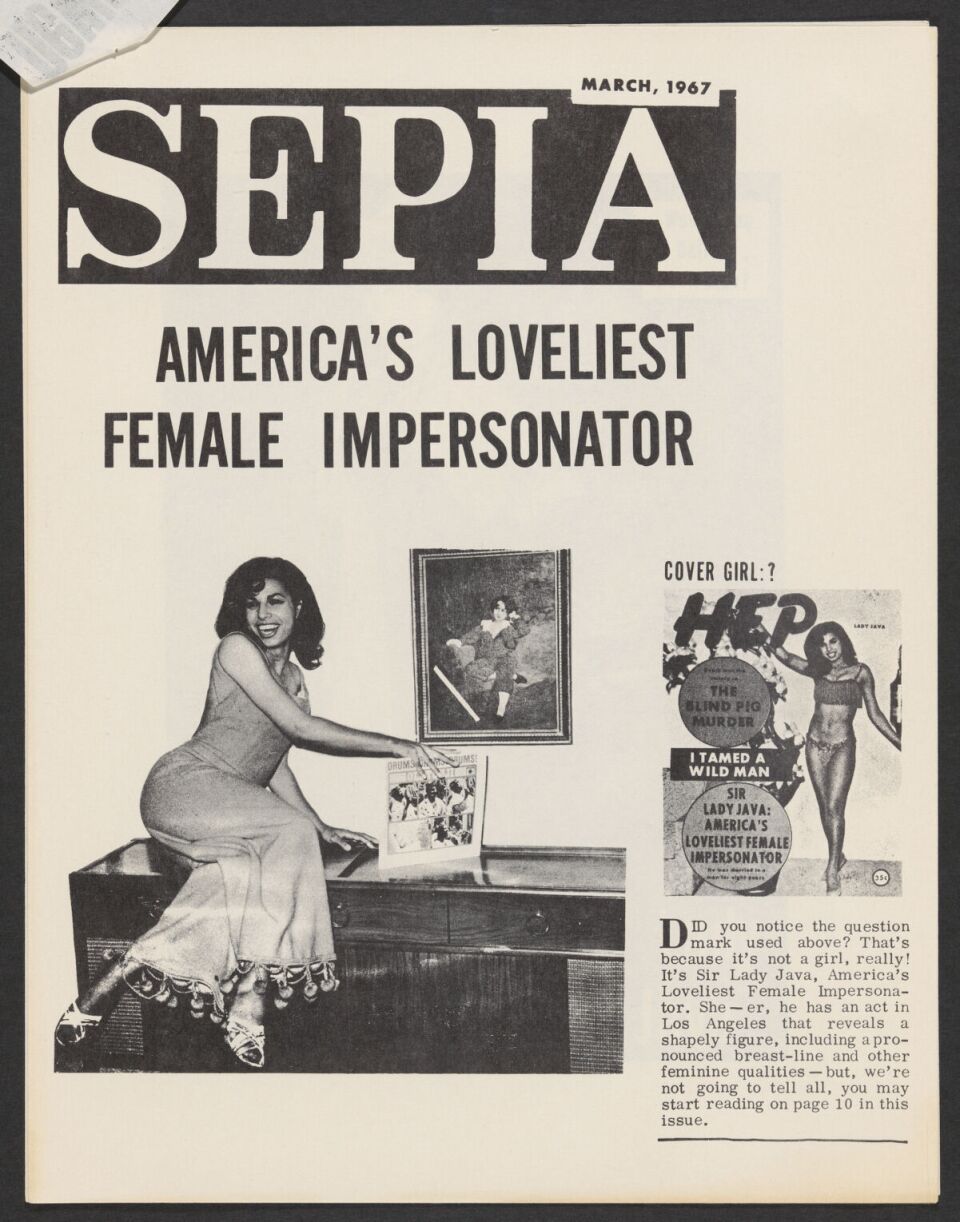 A black and white photo of a page in Sepia magazine that features a smiling woman and the headline "America's Loveliest Female Impersonator."