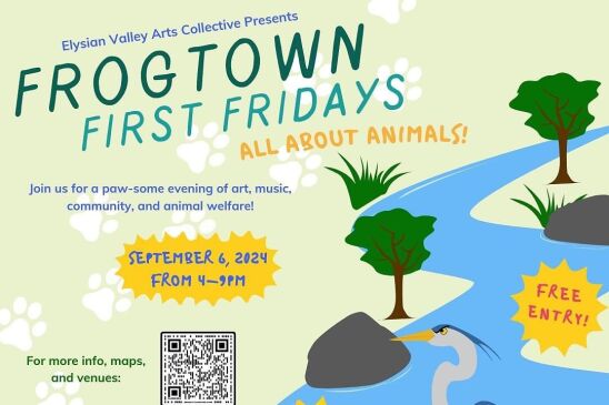 An illustrated digital poster for Frogtown First Fridays' "All About Animals" event. It features art of a duck, dog, fish in a fishbowl, cat, stork and a green frog.