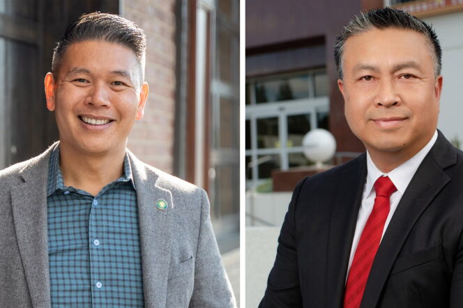 Two photos side by side. Left photo pictures a smiling man wearing a grey jacket and blue and grey plaid  shirt. Right photo pictures a man wearing a black suit, white shirt and red tie.