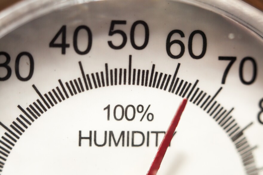 A gauge to measure humidity shows a dial with a red indicator measuring 65 percent