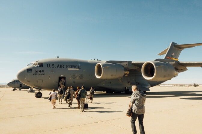 A C-17 Globemaster III sits on the tarmac at March Air Reserve Base in Riverside County. The training and refueling flight will include a special guest: one of the original Rosie the Riveters, Elinor Otto.
