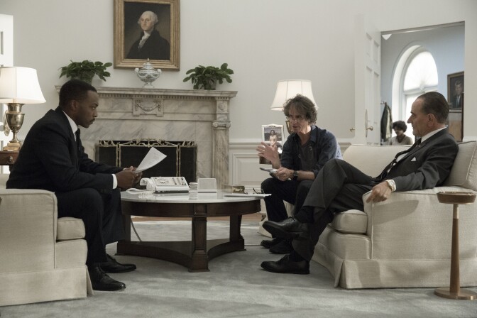 (L-R) Anthony Mackie as Martin Luther King, Jr, Director Jay Roach and Bryan Cranston as Pres. Lyndon B. Johnson on the set of HBO's "All The Way"