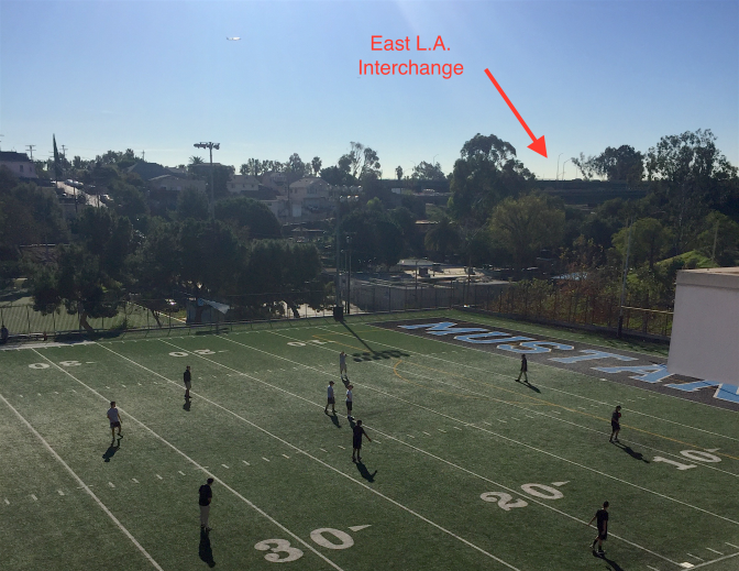 The East L.A. interchange is visible from the soccer field behind Salesian High School in Boyle Heights.