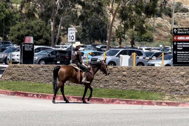 A man with a sombrero and dark clothing rides a horse near a parking lot on a sunny day.
