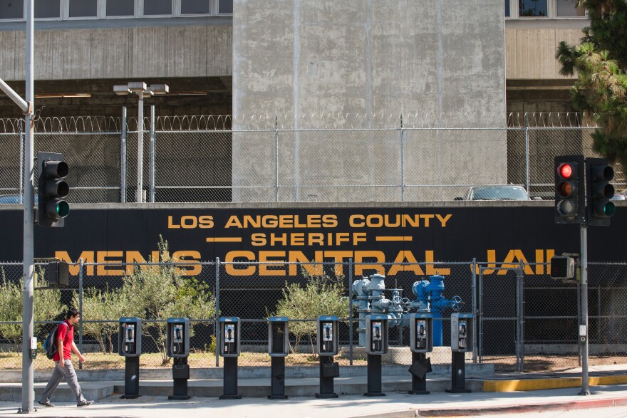 A row of pay phones stands on the corner outside the Los Angeles County Men's Central Jail in downtown Los Angeles.