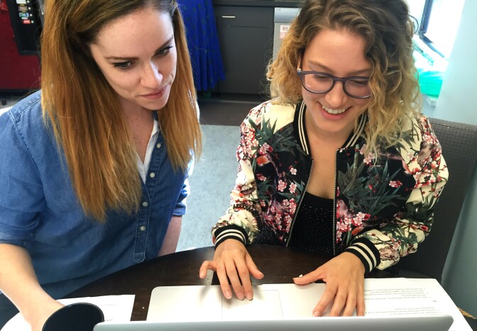 KPCC Morning Edition host pro-tem Libby Denkmann and KPCC Elections Project Manager Kristen Lepore, working on Libby's online ballot using KPCC's Voter Guide and My List.