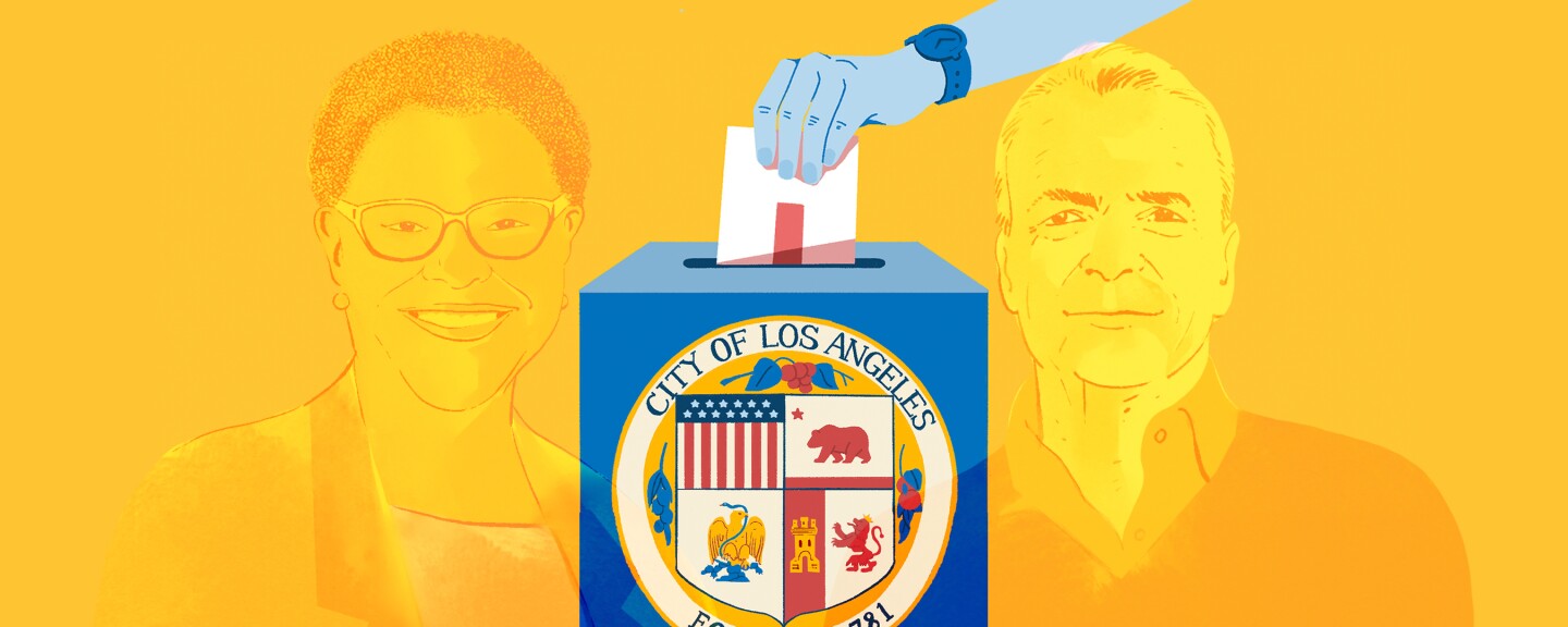 An illustration depicts mayoral candidates Karen Bass and Rick Caruso smiling in front of a ballot box.