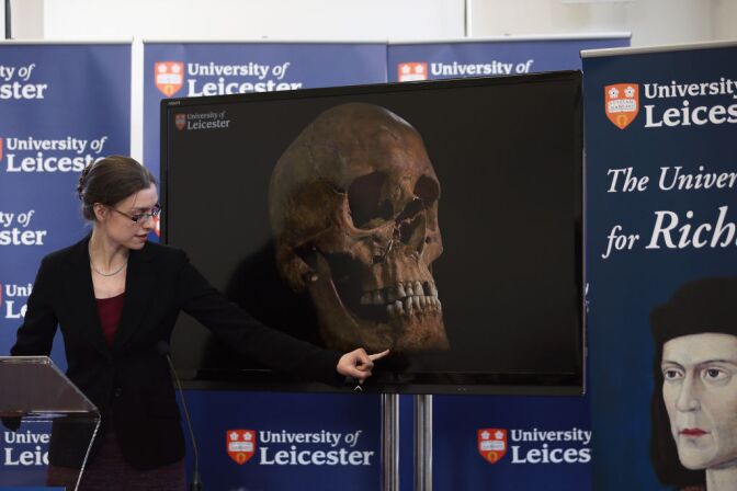 Dr. Jo Appleby speaks during a press conference at University Of Leicester as archaeologists announce whether the human remains found in Leicester are those of King Richard III on February 4, 2013 in Leicester, England. The University of Leicester has been carrying out scientific investigations on remains found in a car park to find out whether they are those of King Richard III since last September, when the skeleton was discovered in the foundations of Greyfriars Church, Leicester.