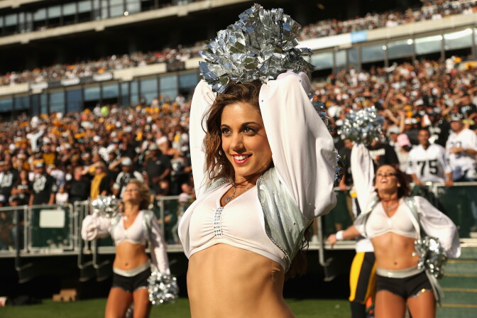 A member of the Raiderette cheerleader performs during their game against the Pittsburgh Steelers at Oakland-Alameda County Coliseum on September 23, 2012 in Oakland, California. A Raiderette named Lacy T. is currently suing the Raiders for violating California labor laws. 